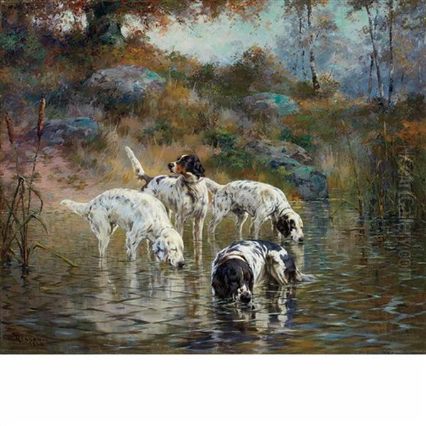 Connecticut, Rocks And Pools (dogs In A Stream) Oil Painting by Percival Leonard Rosseau