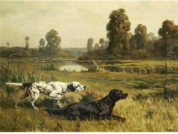 Gordon And English Setters In The Field Oil Painting by Percival Leonard Rosseau