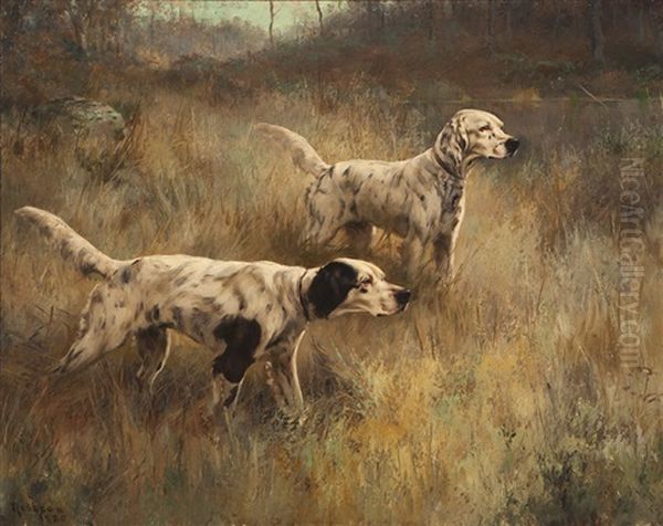 Denwood Joe And Kirk's Masters Boy, Two Setters Pointing Oil Painting by Percival Leonard Rosseau