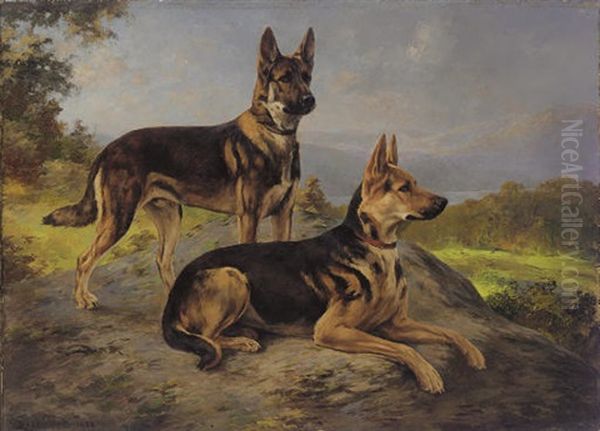 "luck" And "jean," Alsatians In A Landscape Oil Painting by Percival Leonard Rosseau