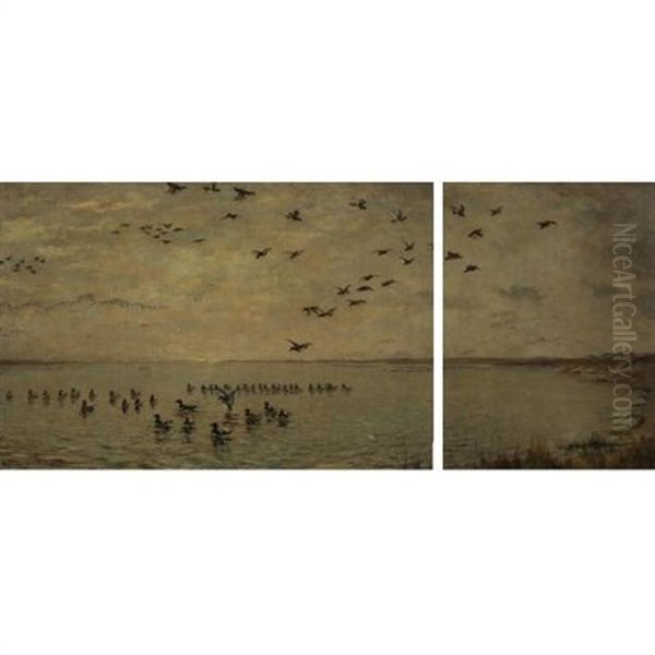 Flying Birds (set Of 2, 1 Smaller) Oil Painting by Percival Leonard Rosseau