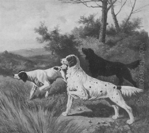 Three Setters In A Landscape Oil Painting by Percival Leonard Rosseau