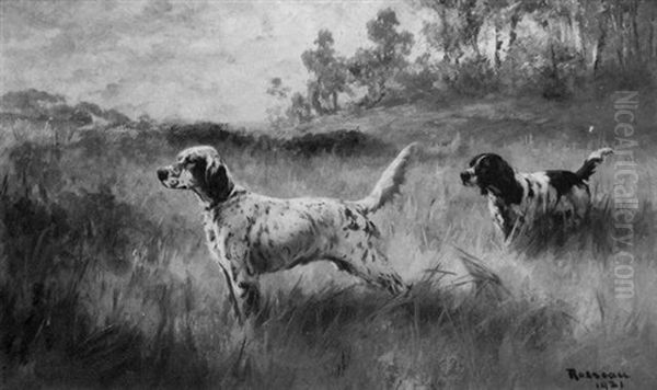 A Setter And A Spaniel Pointing Oil Painting by Percival Leonard Rosseau