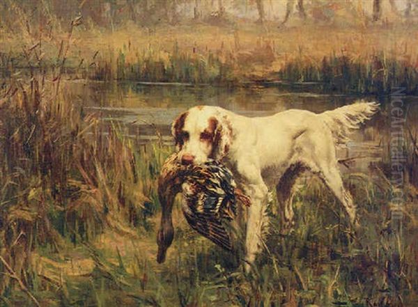 A Setter Retrieving A Duck Oil Painting by Percival Leonard Rosseau