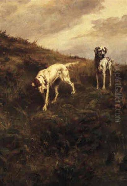 Two Setters Pointing At Quail Oil Painting by Percival Leonard Rosseau