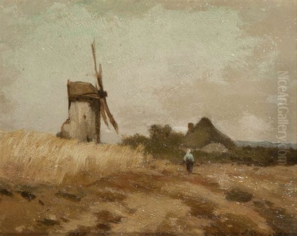 Paysan Au Champ Pres D'un Moulin A Vent Par Ciel Couvert Oil Painting by Jacques Rosseels