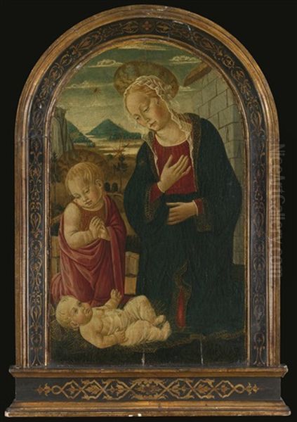 Madonna And Child With The Infant Saint John The Baptist, In An Architectural Setting, An Extensive Mountainous Landscape Beyond Oil Painting by Bernardo di Stefano Rosselli