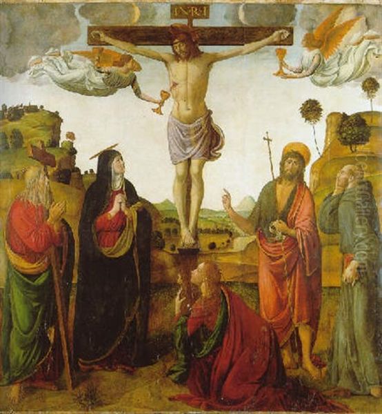 The Crucifixion With The Madonna, Saints John The Baptist, Mary Magdalen, Andrew And Francis Oil Painting by Cosimo Filippo Rosselli