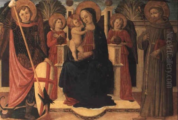 The Madonna And Child Enthroned Between Saints George And Francis Oil Painting by Cosimo Filippo Rosselli