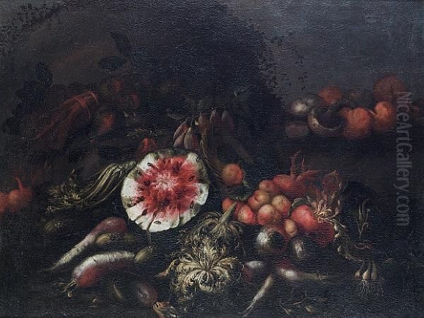 A Cut Watermelon, Peaches, Mushrooms And Other Fruit And Vegetables Oil Painting by Felice Boselli Piacenza