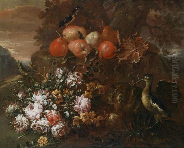 Still Life With Flowers And Fruits With Asnipe And A Kingfisher Oil Painting by Felice Boselli Piacenza