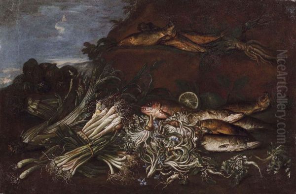 Natura Morta Di Ortaggi Epesci Oil Painting by Felice Boselli Piacenza