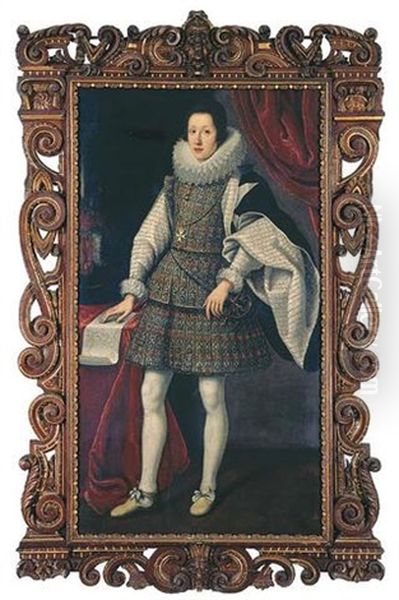 Portrait Of Ferdinando Ii De' Medici In A Gold Embroidered Dress With Lace Ruff Collar, Wearing The Order Of Santo Stefano, With His Right Hand Resting On The Plan Of A Fortress Oil Painting by Matteo Rosselli