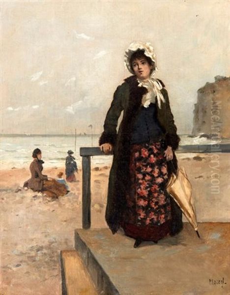 Femme En Bord De Plage Vers Les Falaises Oil Painting by Paul Rossert