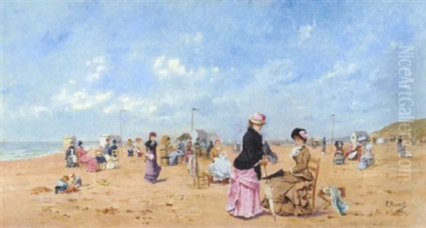 Elegant Ladies And Children Playing On The Beach Oil Painting by Paul Rossert