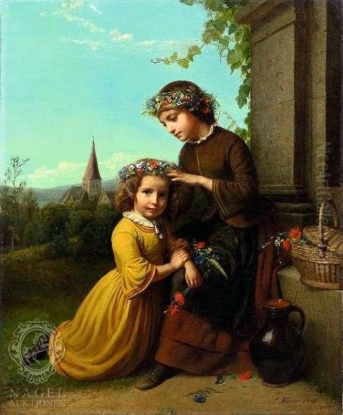 Two Girls Adornthemselves With Floral Wreathes Oil Painting by Karl Friedrich Boser