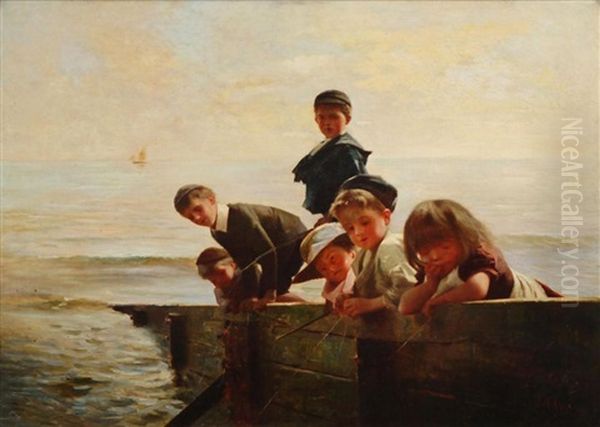 Children Fishing At The Pier Oil Painting by Alexander M. Rossi