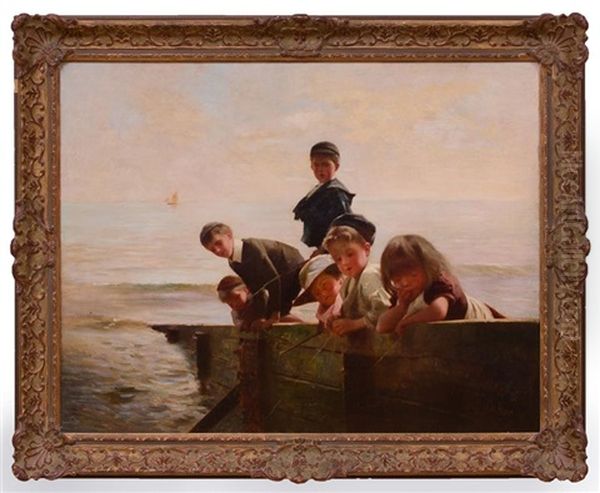 Children From A Break Water Oil Painting by Alexander M. Rossi