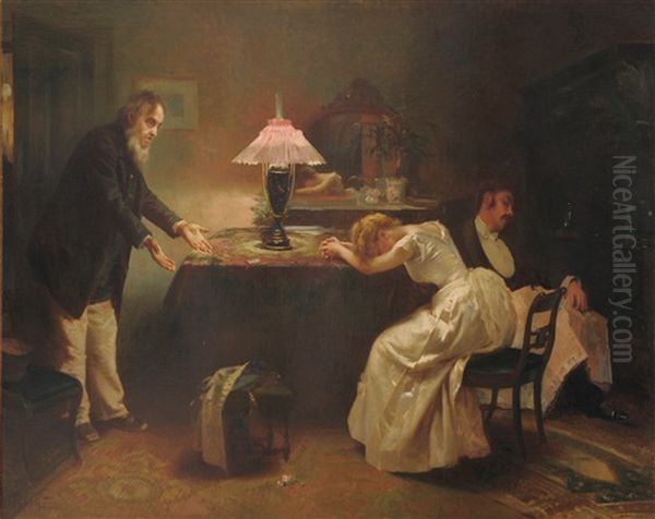 Interior Scene With Figures (relating To The Music Hall Strike Of 1907?) Oil Painting by Alexander M. Rossi