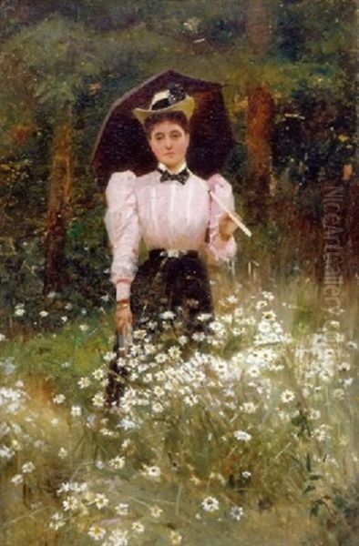 Lady With Parasol In A Field Of Daisies Oil Painting by Alexander M. Rossi