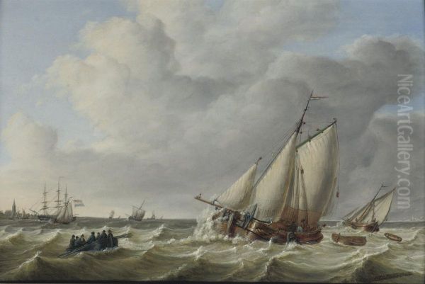 Sailing Vessels In Choppy Seas Oil Painting by Johan Hendrik Boshamer