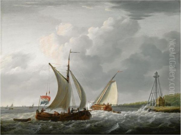 Sailing Vessels Off The Coast Oil Painting by Johan Hendrik Boshamer