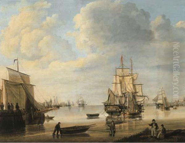 Moored Vessels, Dutch Three-masters And A Rowing Boat In A Calm, Acity Beyond Oil Painting by Johan Hendrik Boshamer