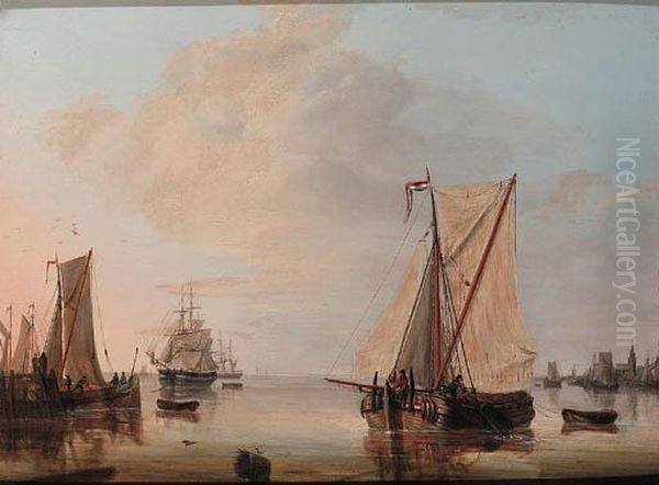 Moored Vessels In A Harbour by Johan Hendrik Boshamer