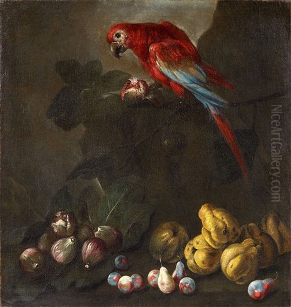 Peaches, And Figs In A Landscape Still Life With A Parrot, Plums, Figs, And Quinces In A Landscape Oil Painting by Angelo Maria Rossi