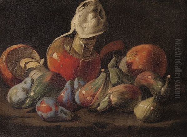 Natura Morta Con Zucche E Uva; Natura Morta Con Funghi, Fichi, Susine E Mela (2 Works) Oil Painting by Angelo Maria Rossi