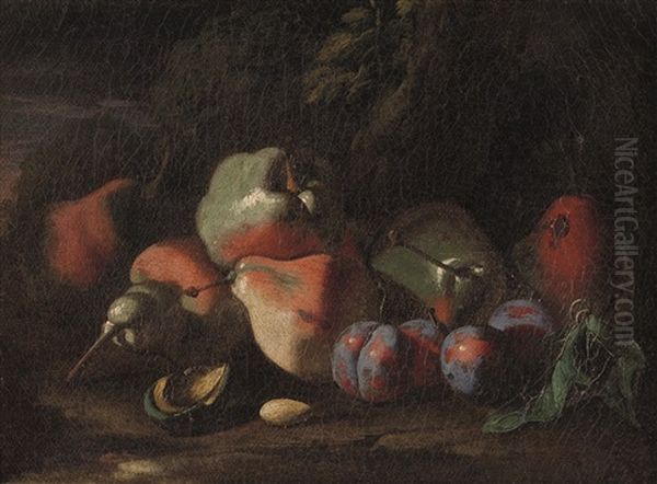 Natura Morta Con Pere Mandorla E Susine; Natura Morta Con Funghi Corbezzoli E Fichi D'india (2 Works) Oil Painting by Angelo Maria Rossi