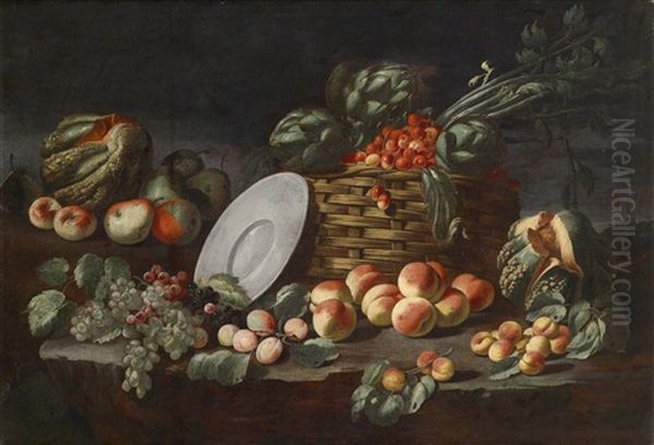 Pilze, Kastanien, Feigen, Pfirsiche, Quitten, Aprikosen Und Apfel (+ Melonen, Apfel, Birnen, Ein Korb Mit Kirschen, Artischocken Und Sellerie, Trauben, Aprikosen Und Pfirsichen; Pair) Oil Painting by Angelo Maria Rossi