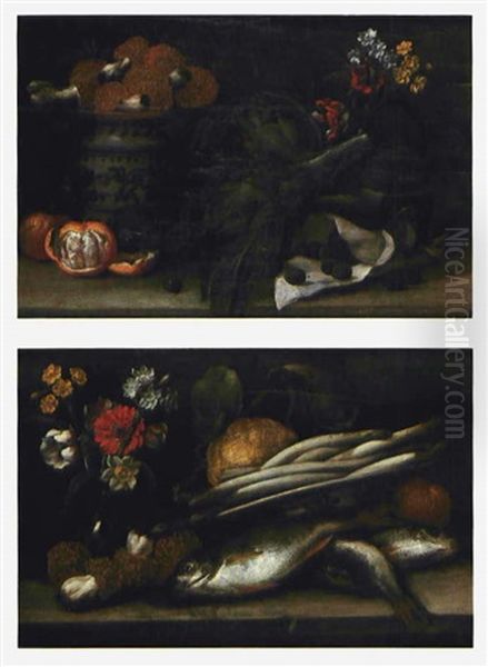 Piatto Di Funghi Con Carciofi, Agrumi E Fiori In Boccia (+ Another; 2 Works) Oil Painting by Angelo Maria Rossi