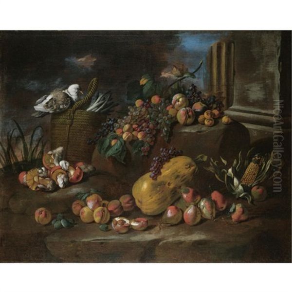 Still Life Of Peaches, Pears, Grapes, A Watermelon, Mushrooms, An Ear Of Corn And A Pigeon Resting On A Basket Of Asparagus, All Arranged In A Landscape Oil Painting by Angelo Maria Rossi