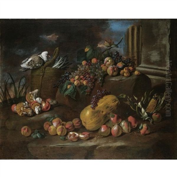 Still Life Of Peaches, Pears, Grapes, A Watermelon, Mushrooms, An Ear Of Corn And A Pigeon Resting On A Basket Of Asparagus, All Arranged In A Landscape Oil Painting by Angelo Maria Rossi