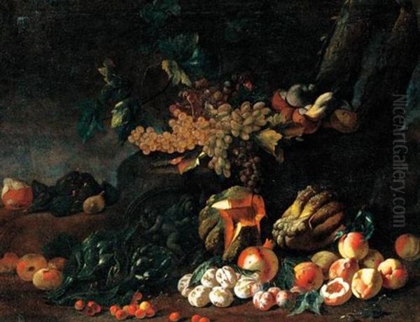 Natura Morta Di Frutta, Funghi, Carciofi E Bassorilievo Rotondo In Un Paesaggio Oil Painting by Angelo Maria Rossi