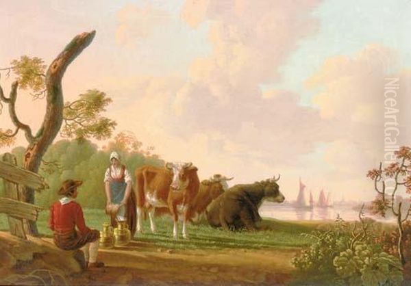 A Milkmaid Conversing With A Young Man Conversing Near Her Cows In A River Landscape Oil Painting by Johannes Willem Boshamer