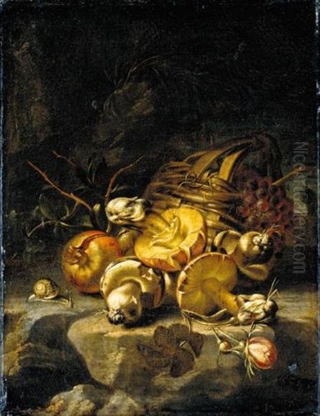 Still Life Of Mushrooms, A Pomegranate, A Rose, A Snail And A Basket Of Grapes In A Landscape Oil Painting by Angelo Maria Rossi