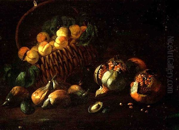 Cesta Di Albiccoche, Fichi E Melograne (+ Pesche, Prugne E Ciliegie; 2 Works) Oil Painting by Angelo Maria Rossi