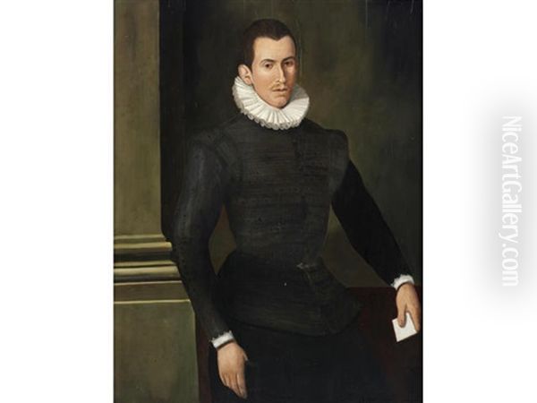 Portrait Of A Gentleman, Three-quarter-length, In A Black Embroidered Tunic Oil Painting by Francesco del Rossi (Salviati)