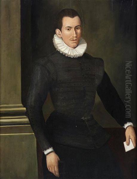 Portrait Of A Gentleman, Three-quarter-length, In A Black Embroidered Tunic Oil Painting by Francesco del Rossi (Salviati)