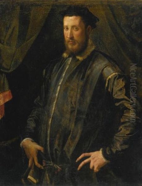 Portrait Of A Man, Half Length, Standing Before A Curtain Oil Painting by Francesco del Rossi (Salviati)