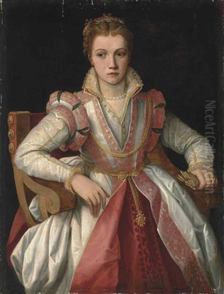 Portrait Of A Lady, Half-length, In A Richly Embroidered, High-necked White Dress With Pink Trim, A Jewelled Headdress And Pearl Necklace Oil Painting by Francesco del Rossi (Salviati)