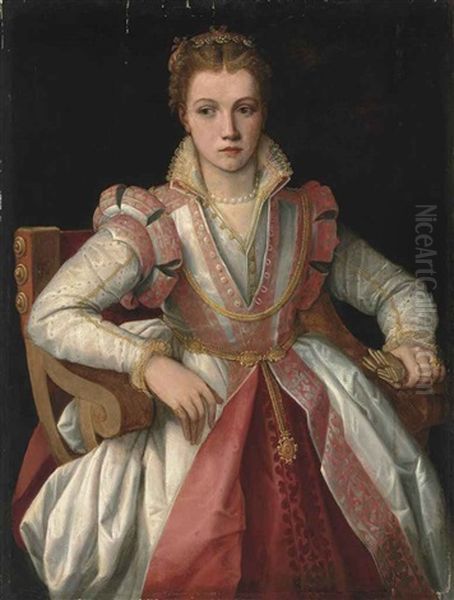 Portrait Of A Lady, Half-length, In A Richly Embroidered, High-necked White Dress With Pink Trim, A Jewelled Headdress And Pearl Necklace, Seated Holding Gloves In Her Left Hand Oil Painting by Francesco del Rossi (Salviati)