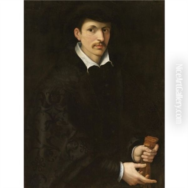 Portrait Of A Gentleman, Half Length, Wearing Black And Holding A Pair Of Gloves Oil Painting by Francesco del Rossi (Salviati)