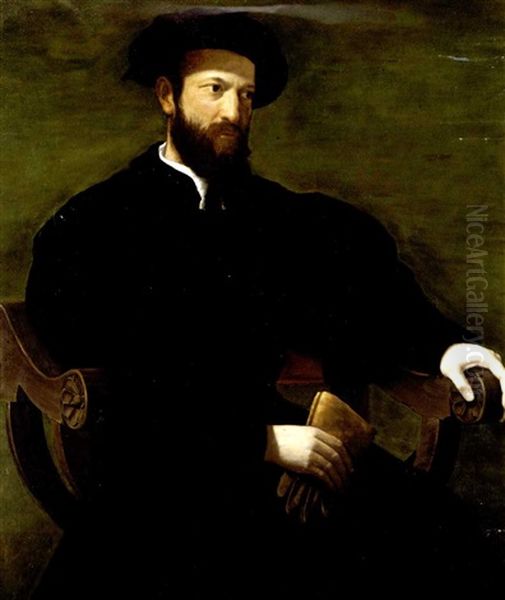 Portrait Of A Gentleman Dressed In Black And Seated Against A Green Background Oil Painting by Francesco del Rossi (Salviati)