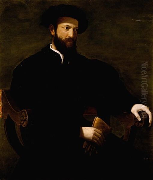 Portrait Of A Gentleman Dressed In Black And Seated Against A Green Background Oil Painting by Francesco del Rossi (Salviati)