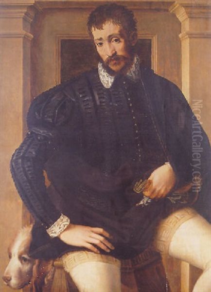 Portrait Of A Gentleman, Holding A Pair A Gloves, Seated On A Wooden Stool Beside A Hound In An Architectural Stone Niche Oil Painting by Francesco del Rossi (Salviati)