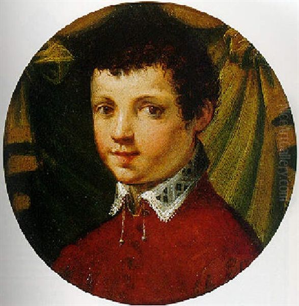 Portrait Of A Young Man Dressed In Red Standing Before A Green Drape Oil Painting by Francesco del Rossi (Salviati)