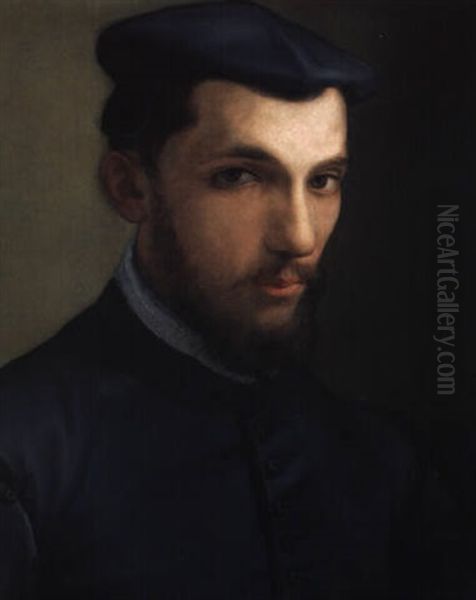 Portrait Of A Man Wearing A Black Hat (a Cleric?) Oil Painting by Francesco del Rossi (Salviati)